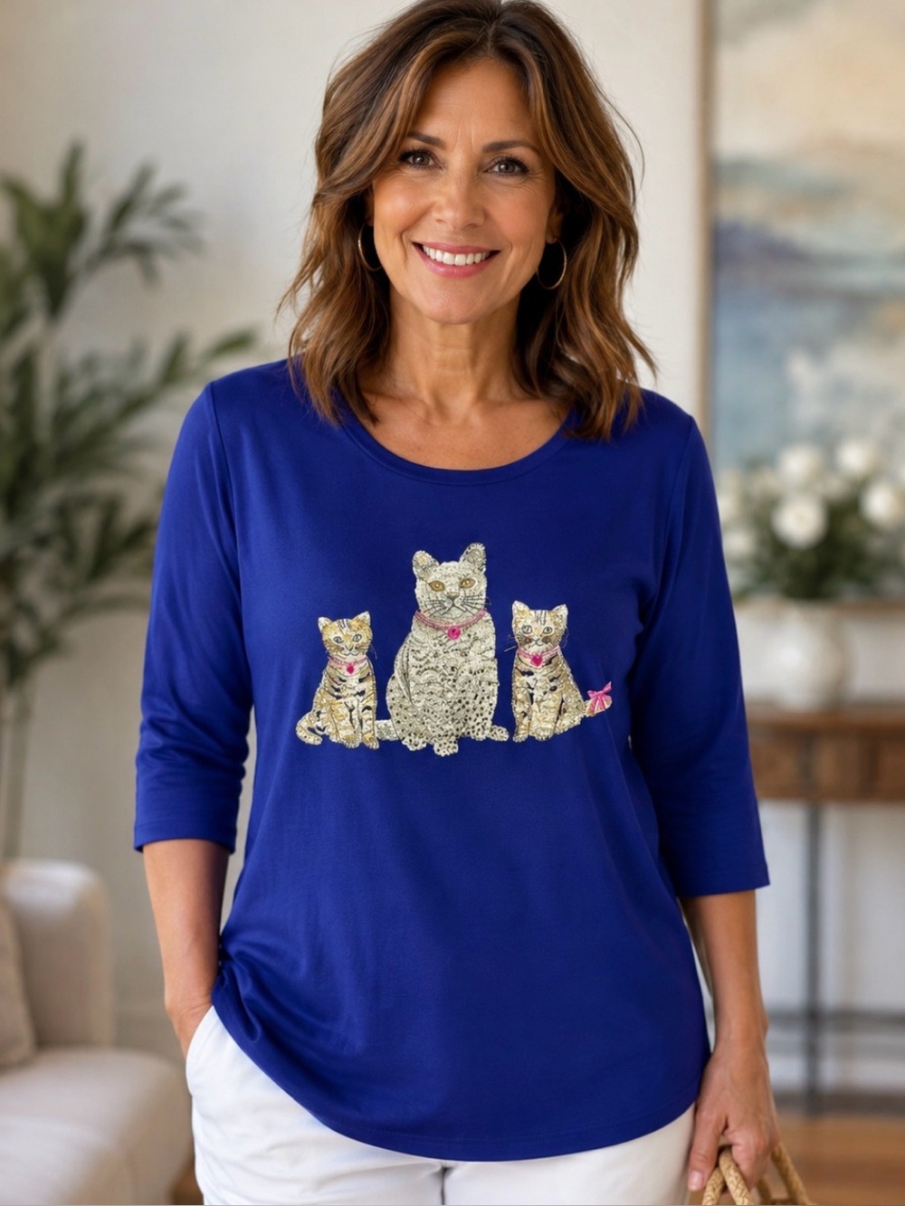 Quacker Factory Vintage Blue Cat Shirt Top L Rhinestones NWT
